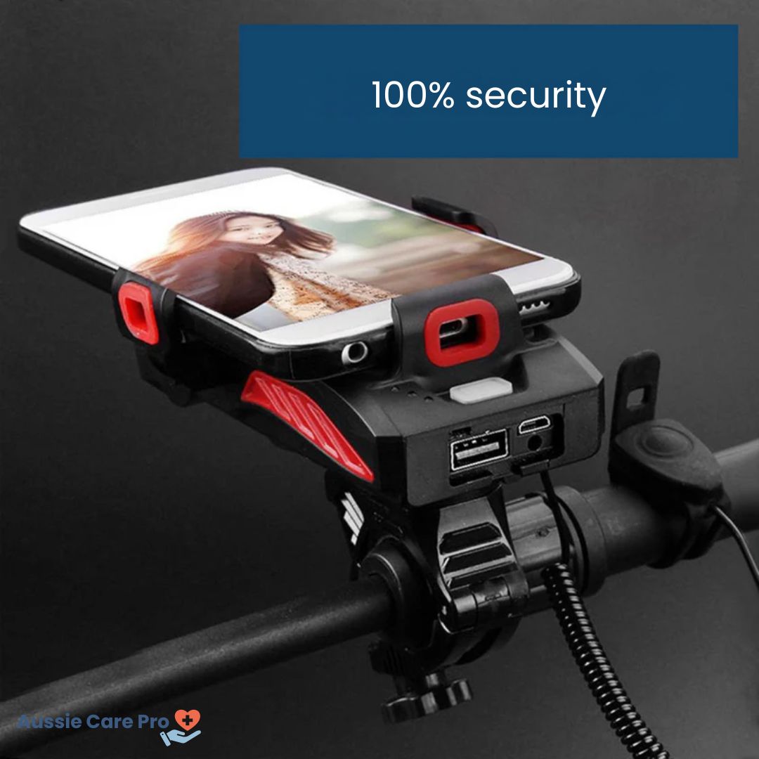 Smart 4-in-1 Bike Phone Holder – Light, Power Bank, Bell & Mount (Waterproof)