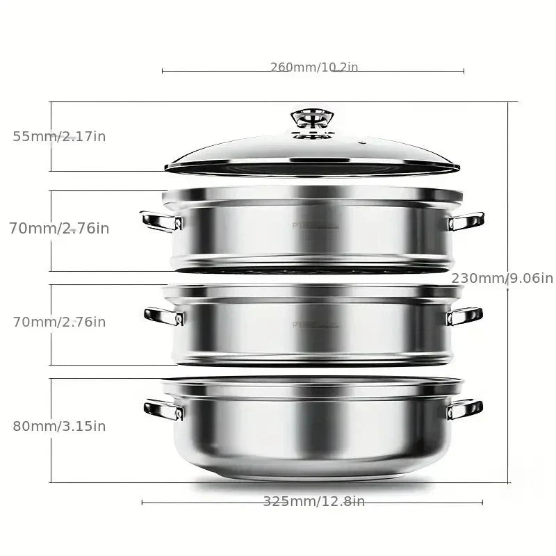 Stainless Steel 3-Tier Steamer with Handles & Glass Lid – Healthy, Efficient Cooking
