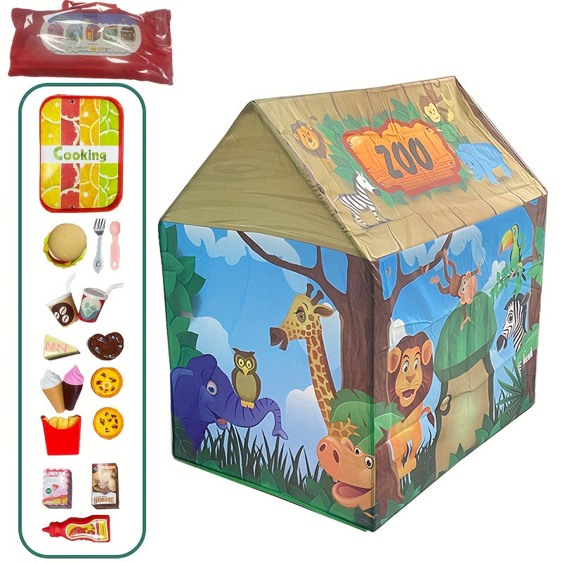 Safari Jungle Play Tent – Animal-Themed Kids Playhouse with Burger Toy Set