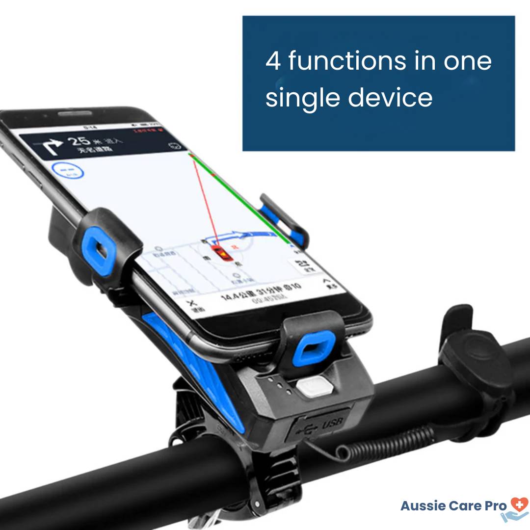 Smart 4-in-1 Bike Phone Holder – Light, Power Bank, Bell & Mount (Waterproof)