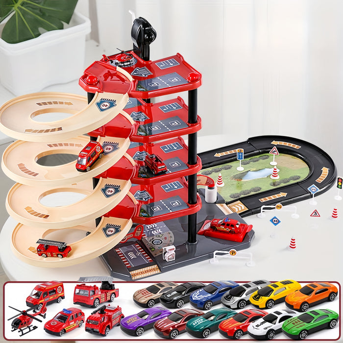 FirePark Garage Playset – Multi-Level Fire Station with Fire Trucks & Traffic Signs for Adventurous Kids