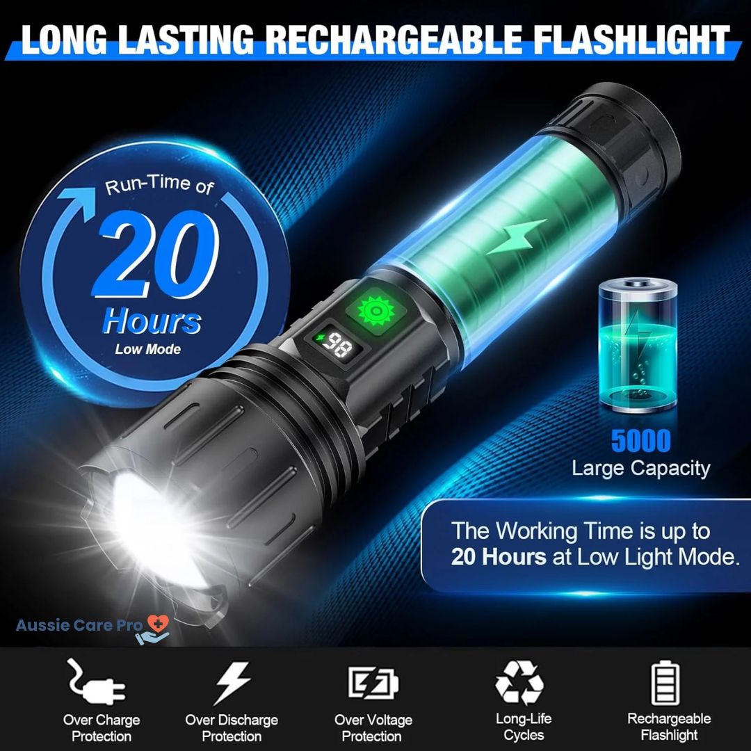 Aussie Care Pro Tactical Flashlight – 100000 Lumen Rechargeable LED Torch