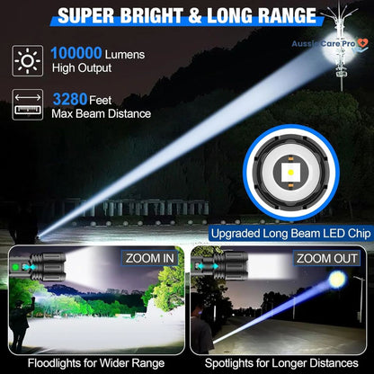 Aussie Care Pro Tactical Flashlight – 100000 Lumen Rechargeable LED Torch