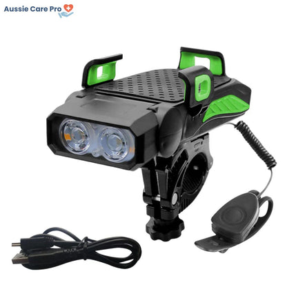 Smart 4-in-1 Bike Phone Holder – Light, Power Bank, Bell & Mount (Waterproof)