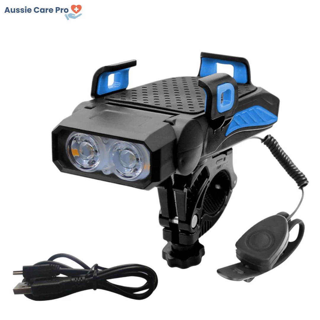 Smart 4-in-1 Bike Phone Holder – Light, Power Bank, Bell & Mount (Waterproof)