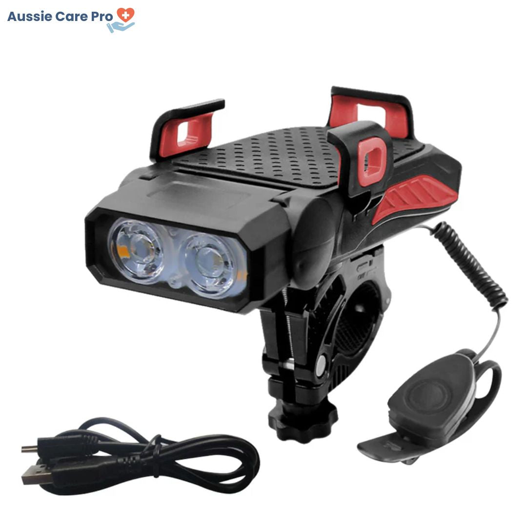 Smart 4-in-1 Bike Phone Holder – Light, Power Bank, Bell & Mount (Waterproof)