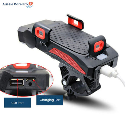 Smart 4-in-1 Bike Phone Holder – Light, Power Bank, Bell & Mount (Waterproof)