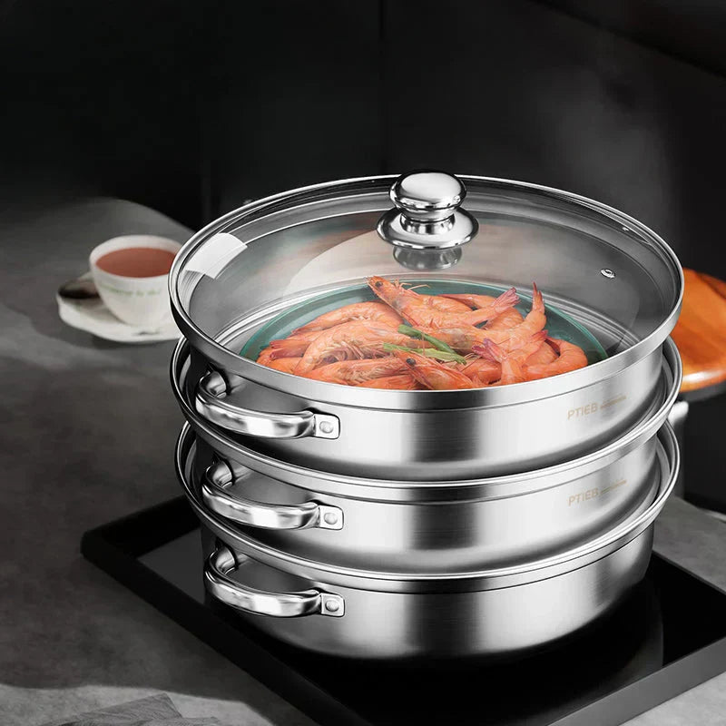 Stainless Steel 3-Tier Steamer with Handles & Glass Lid – Healthy, Efficient Cooking