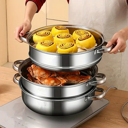 Stainless Steel 3-Tier Steamer with Handles & Glass Lid – Healthy, Efficient Cooking