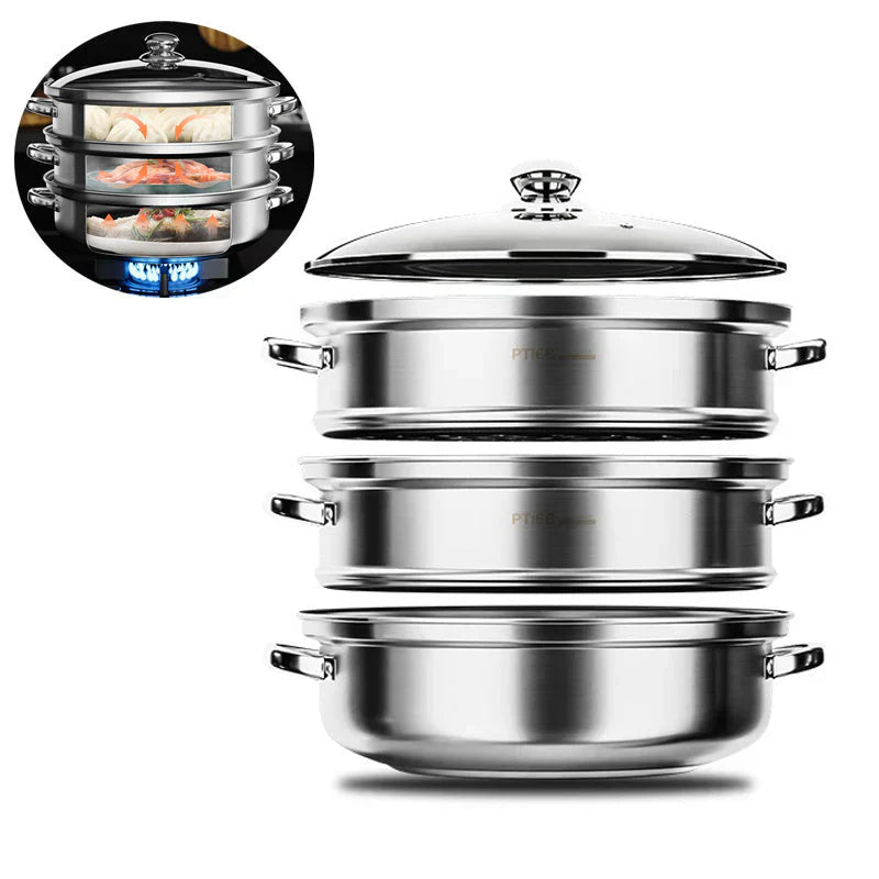 Stainless Steel 3-Tier Steamer with Handles & Glass Lid – Healthy, Efficient Cooking