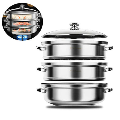 Stainless Steel 3-Tier Steamer with Handles & Glass Lid – Healthy, Efficient Cooking