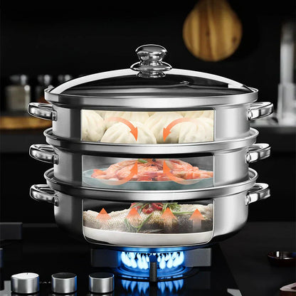 Stainless Steel 3-Tier Steamer with Handles & Glass Lid – Healthy, Efficient Cooking