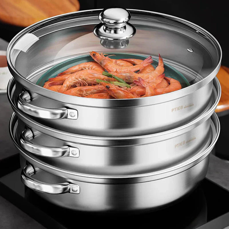 Stainless Steel 3-Tier Steamer with Handles & Glass Lid – Healthy, Efficient Cooking