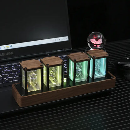 Retro Tube Digital Clock with Wi-Fi Time Sync & Walnut Wood Finish – USB Powered LED Display