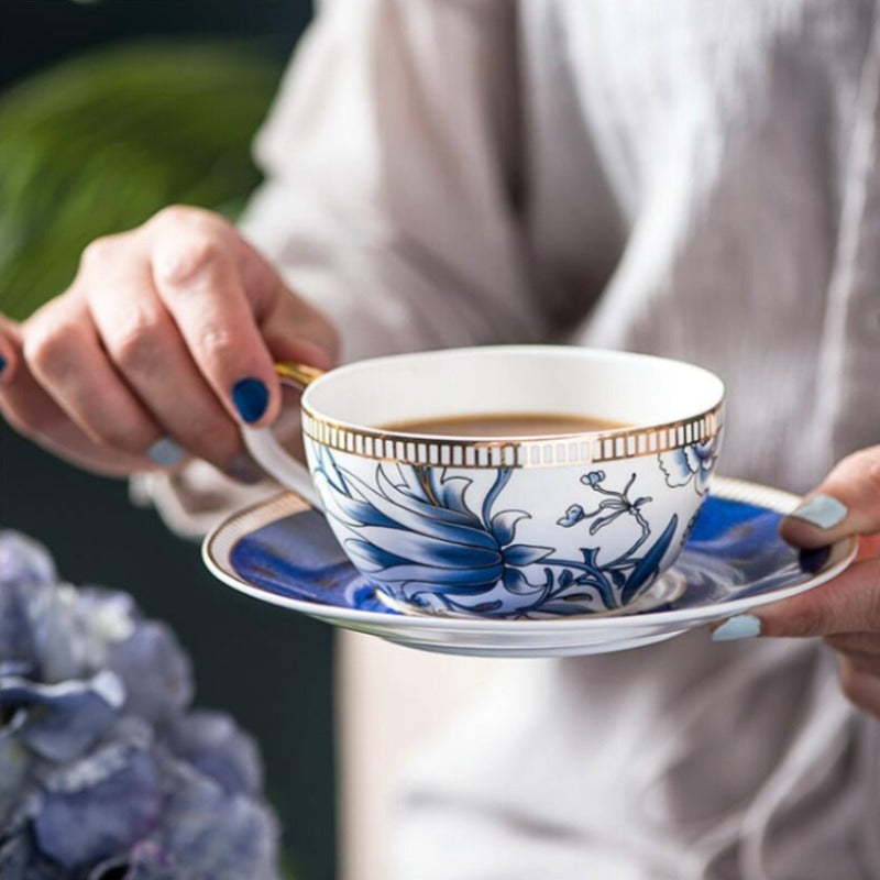English Blue Floral Porcelain Tea for One Set – Elegant Teapot, Cup & Saucer Set