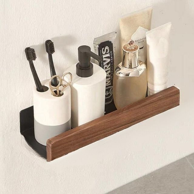 Solid Wood Bathroom Shelf – No-Drill Wall-Mounted Organiser Rack