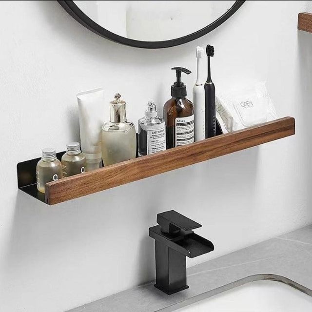 Solid Wood Bathroom Shelf – No-Drill Wall-Mounted Organiser Rack