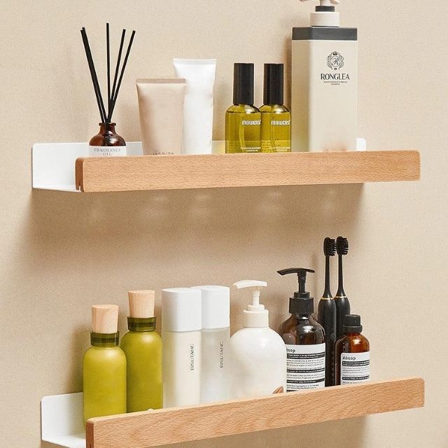 Solid Wood Bathroom Shelf – No-Drill Wall-Mounted Organiser Rack