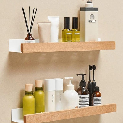 Solid Wood Bathroom Shelf – No-Drill Wall-Mounted Organiser Rack