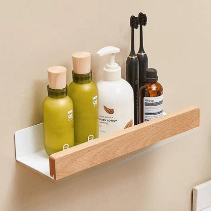 Solid Wood Bathroom Shelf – No-Drill Wall-Mounted Organiser Rack