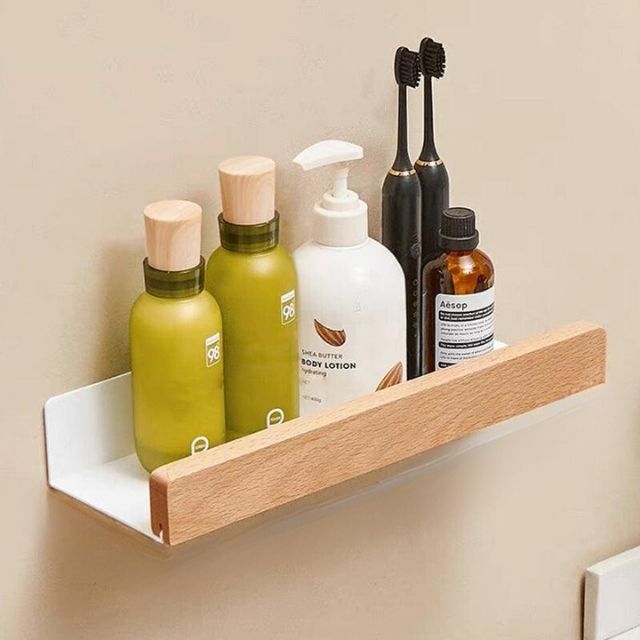 Solid Wood Bathroom Shelf – No-Drill Wall Mounted Bathroom Organizer