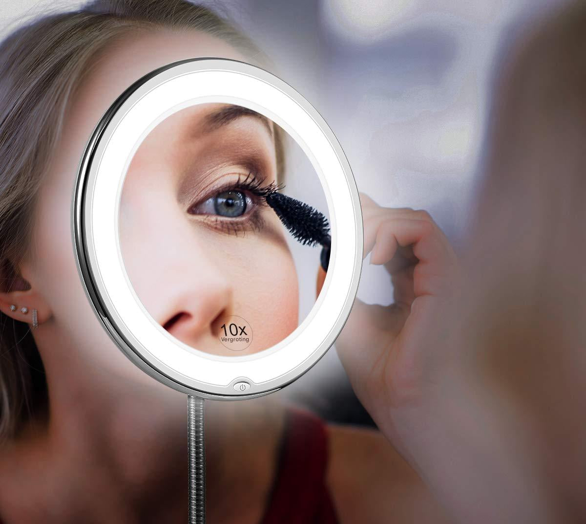 Claravue LED Magnifying Mirror with Flexible Gooseneck – 10x Zoom, Daylight LEDs & Suction Mount
