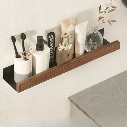 Solid Wood Bathroom Shelf – No-Drill Wall-Mounted Organiser Rack