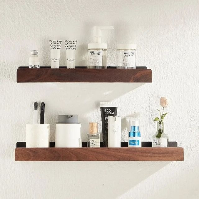 Solid Wood Bathroom Shelf – No-Drill Wall-Mounted Organiser Rack