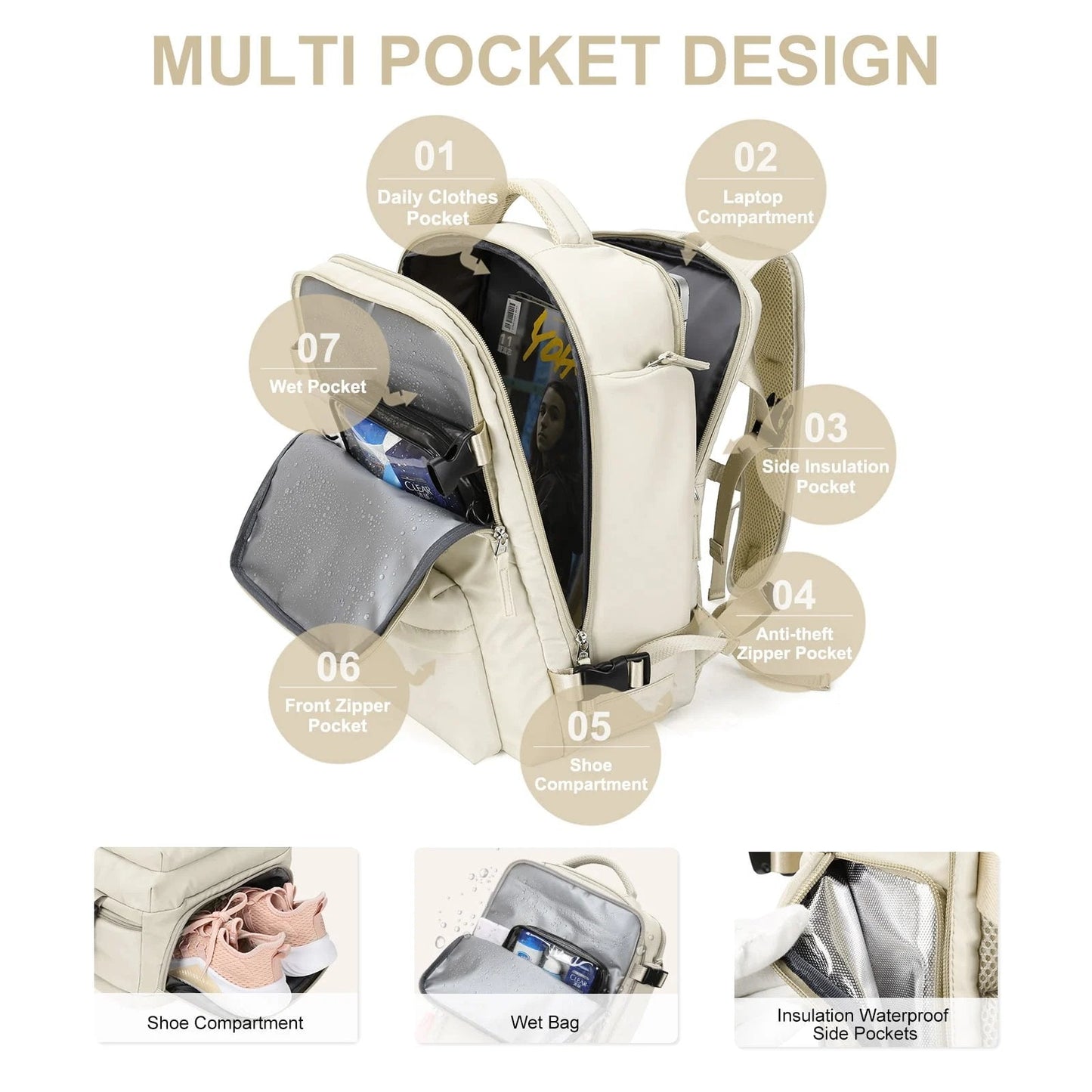 Women's Large Travel Backpack – Waterproof Hiking Rucksack | Anti-Theft & USB Charging