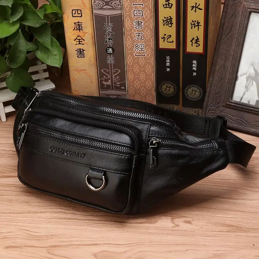 Genuine Cowhide Leather Waist Bag for Men – Large Capacity Fanny Pack, Belt & Crossbody Travel Bag