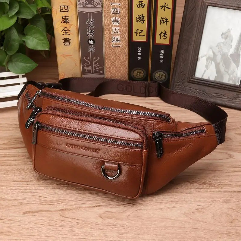 Genuine Cowhide Leather Waist Bag for Men – Large Capacity Fanny Pack, Belt & Crossbody Travel Bag