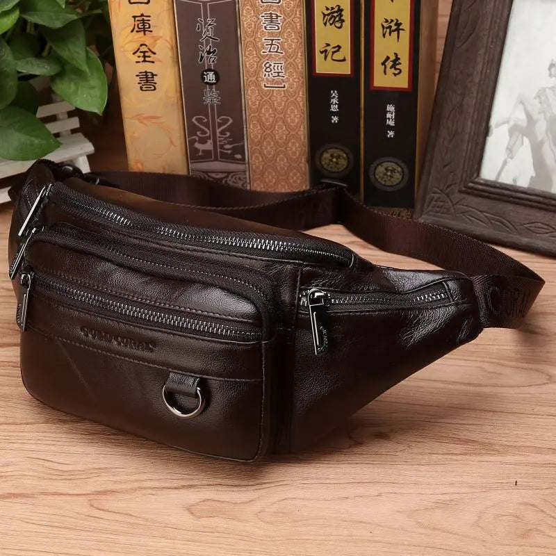 Genuine Cowhide Leather Waist Bag for Men – Large Capacity Fanny Pack, Belt & Crossbody Travel Bag