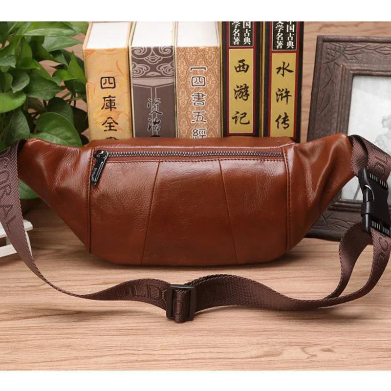 Genuine Cowhide Leather Waist Bag for Men – Large Capacity Fanny Pack, Belt & Crossbody Travel Bag