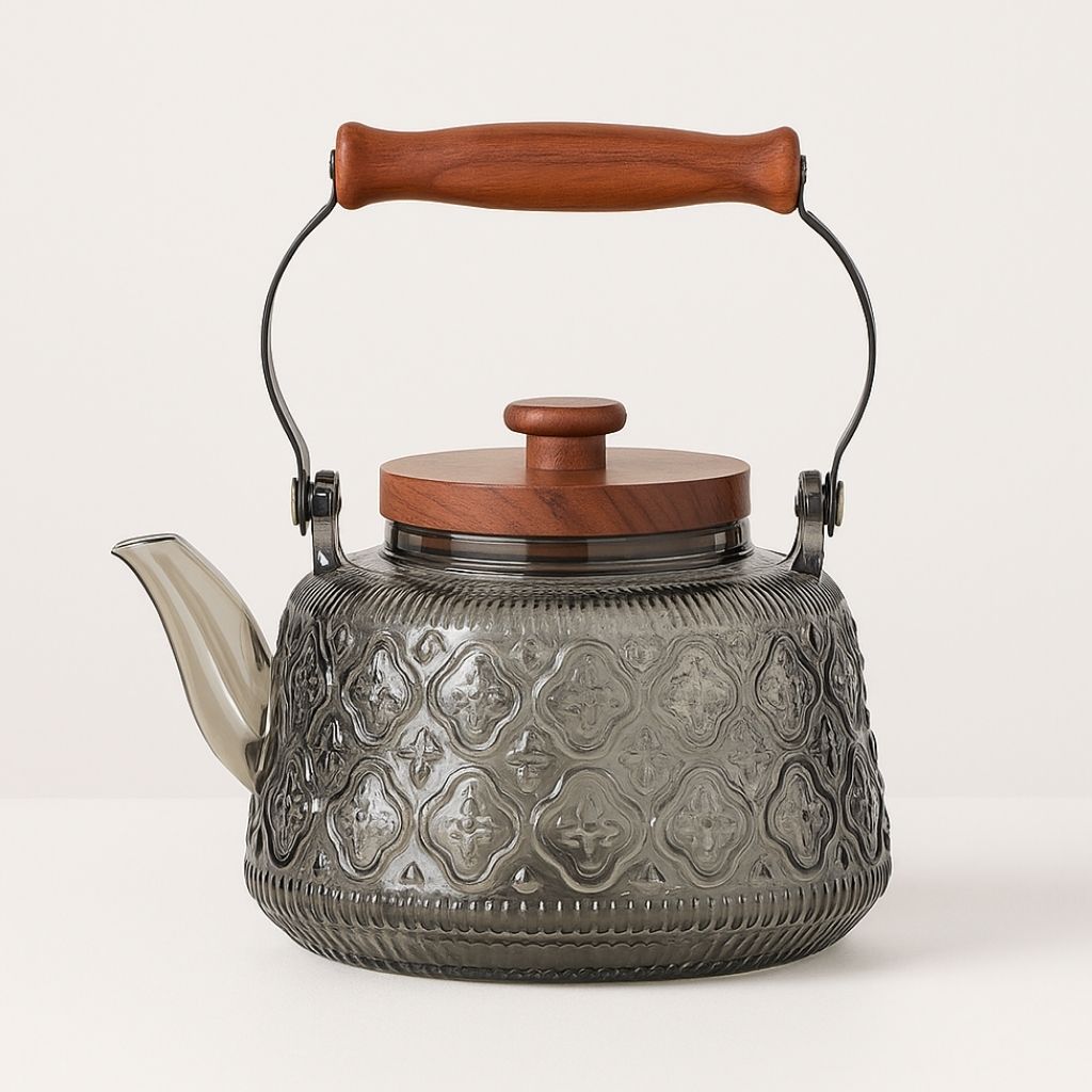 Zoie Glass Teapot with Infuser – Heat-Resistant 1000ml Borosilicate Kettle with Wooden Handle