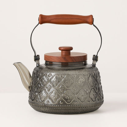 Zoie Glass Teapot with Infuser – Heat-Resistant 1000ml Borosilicate Kettle with Wooden Handle