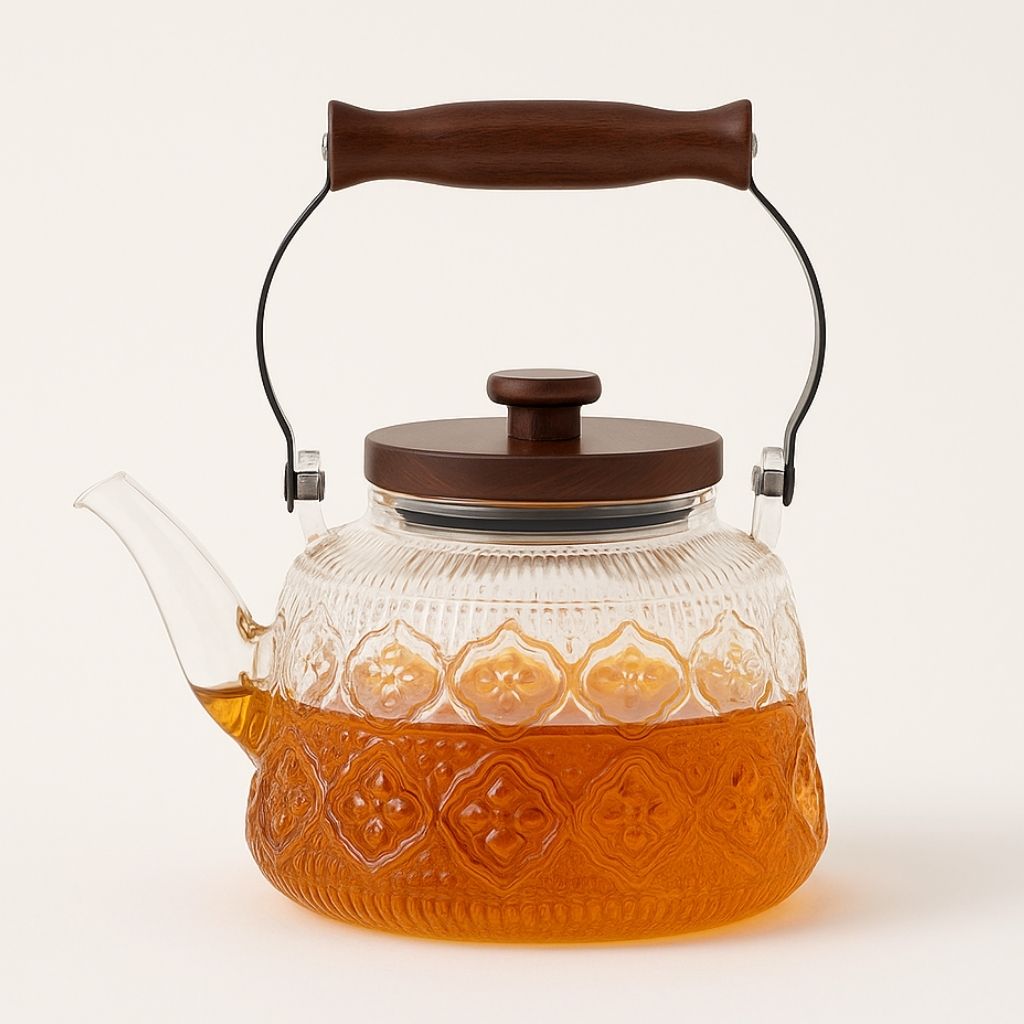 Zoie Glass Teapot with Infuser – Heat-Resistant 1000ml Borosilicate Kettle with Wooden Handle