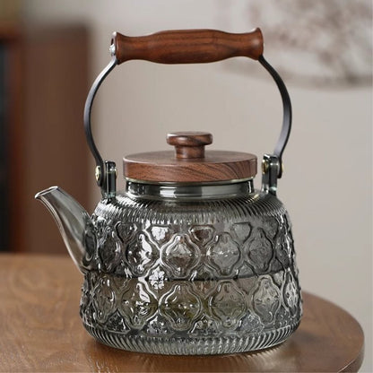 Zoie Glass Teapot with Infuser – Heat-Resistant 1000ml Borosilicate Kettle with Wooden Handle