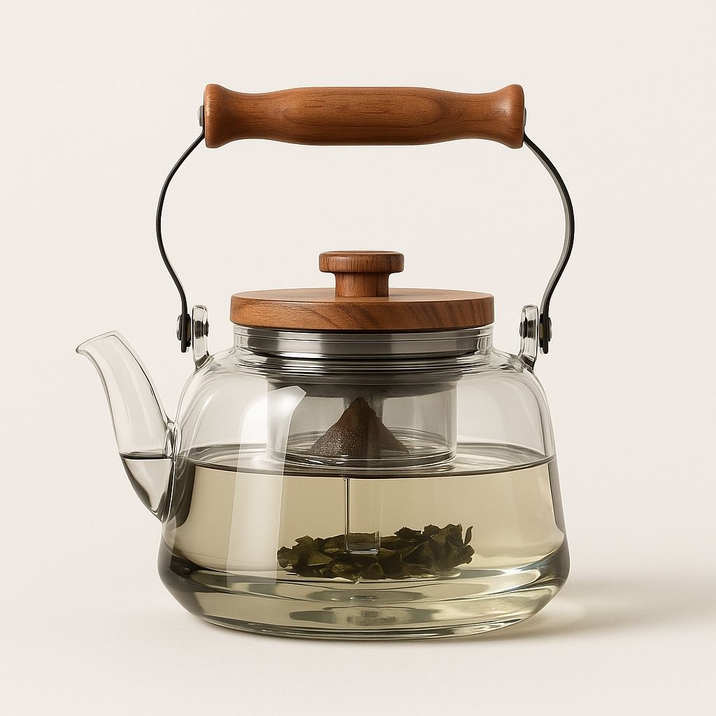 Zoie Glass Teapot with Infuser – Heat-Resistant 1000ml Borosilicate Kettle with Wooden Handle