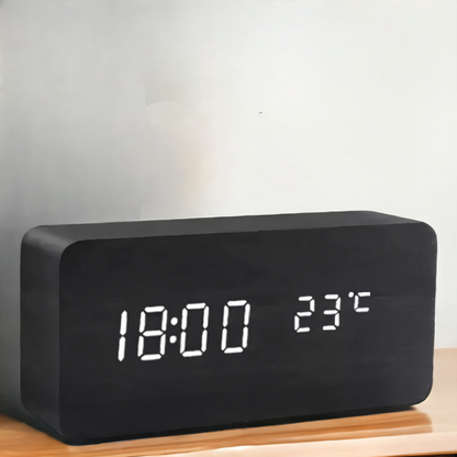 WakeyCue | Modern Wooden LED Digital Alarm Clock with Temperature & Humidity Display
