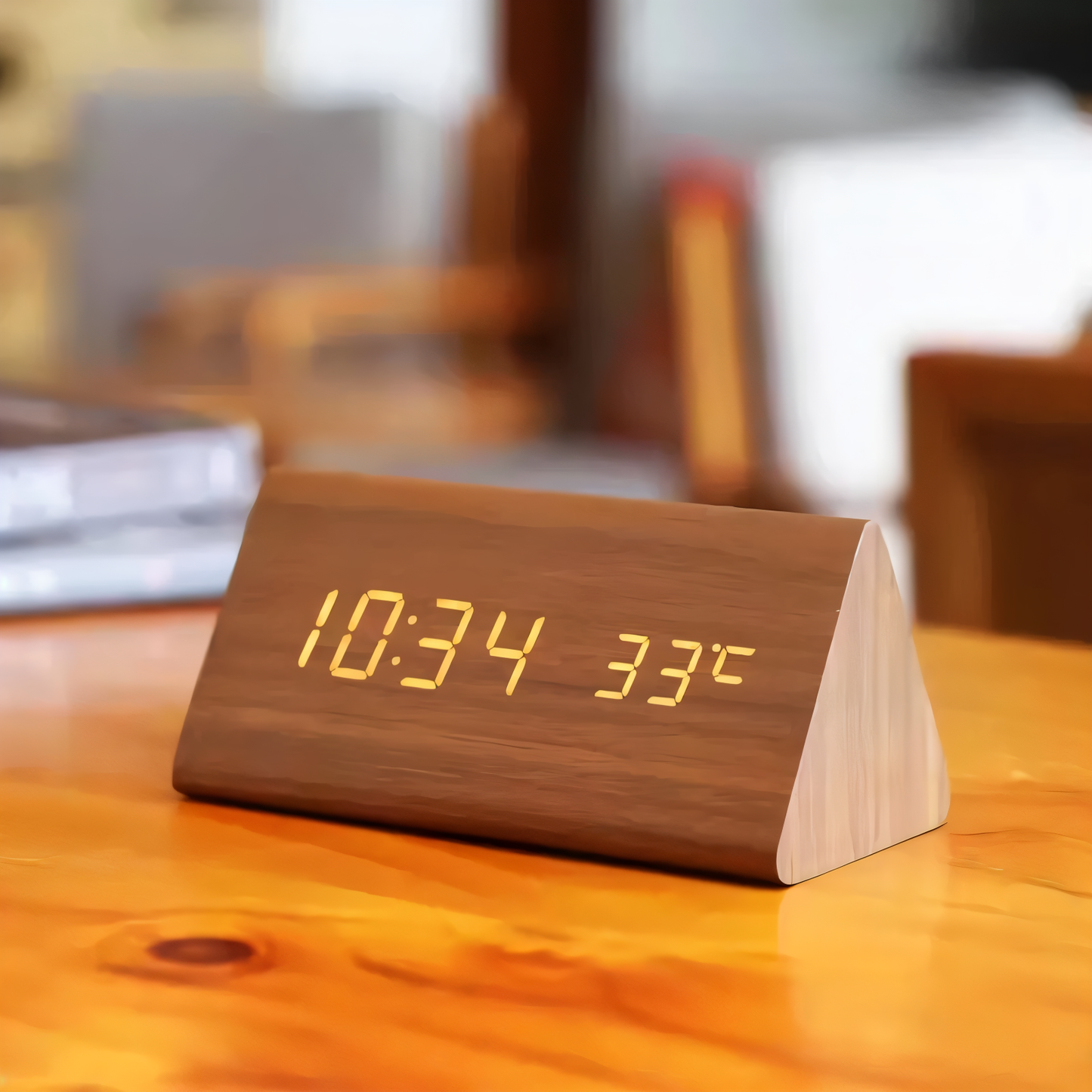 WakeyCue | Modern Wooden LED Digital Alarm Clock with Temperature & Humidity Display