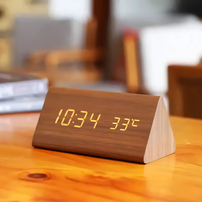 WakeyCue | Modern Wooden LED Digital Alarm Clock with Temperature & Humidity Display