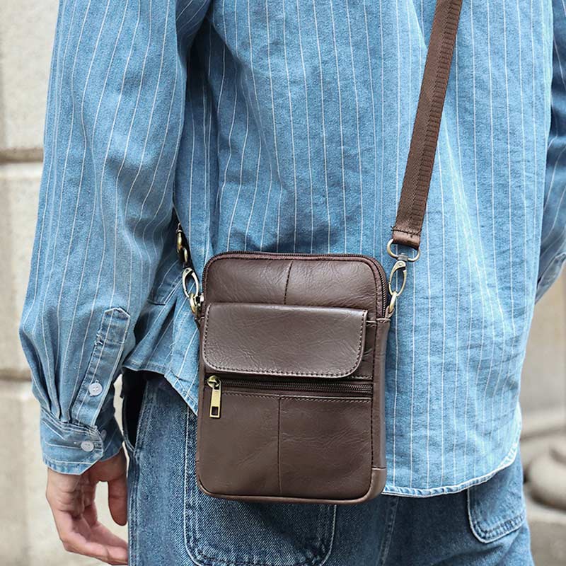 Men’s Small Genuine Leather Shoulder Bag – Compact Crossbody with Adjustable Strap