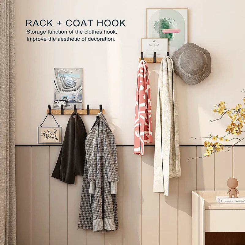 Wall-Mounted Coat Rack with Movable Double Hooks – Black Nordic Design – Wood & Aluminium – 40x7x7cm