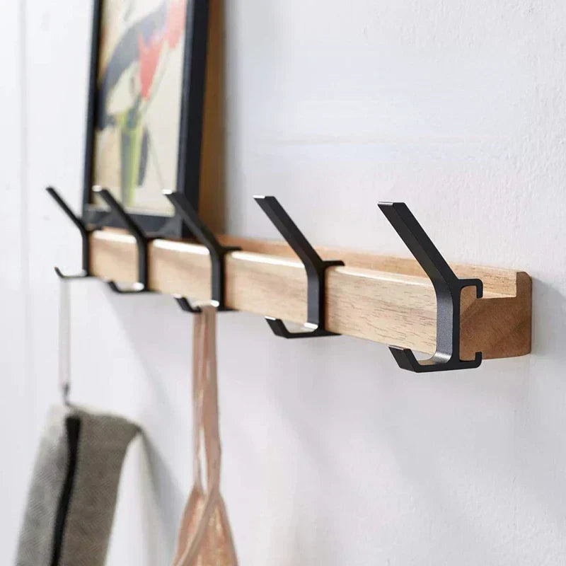 Wall-Mounted Coat Rack with Movable Double Hooks – Black Nordic Design – Wood & Aluminium – 40x7x7cm