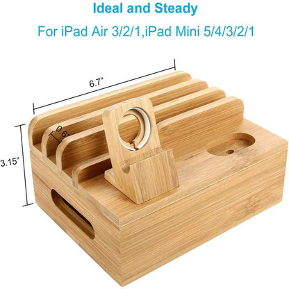 Tekavo Bamboo Charging Station – 5-Port USB Organizer with Cable Set