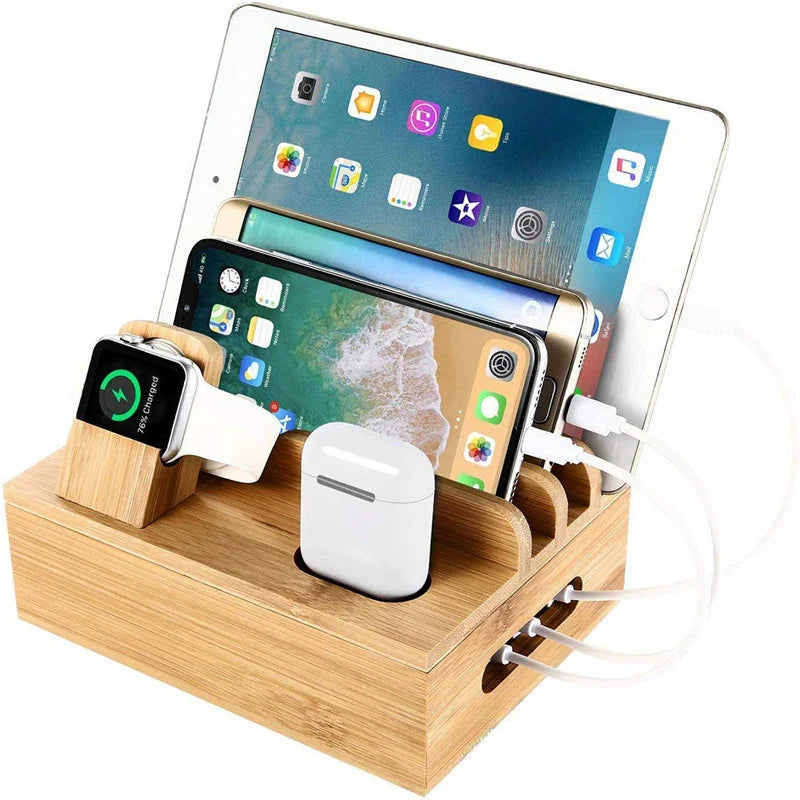 Tekavo Bamboo Charging Station – 5-Port USB Organizer with Cable Set