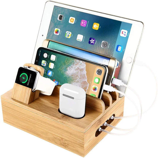 Tekavo Bamboo Charging Station – 5-Port USB Organizer with Cable Set