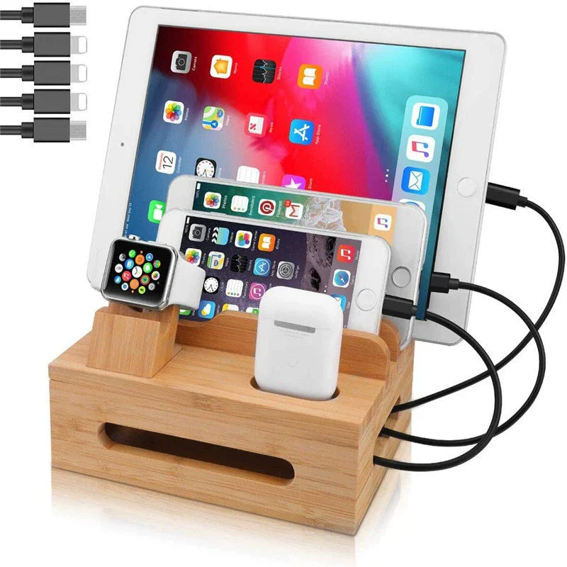 Tekavo Bamboo Charging Station – 5-Port USB Organizer with Cable Set