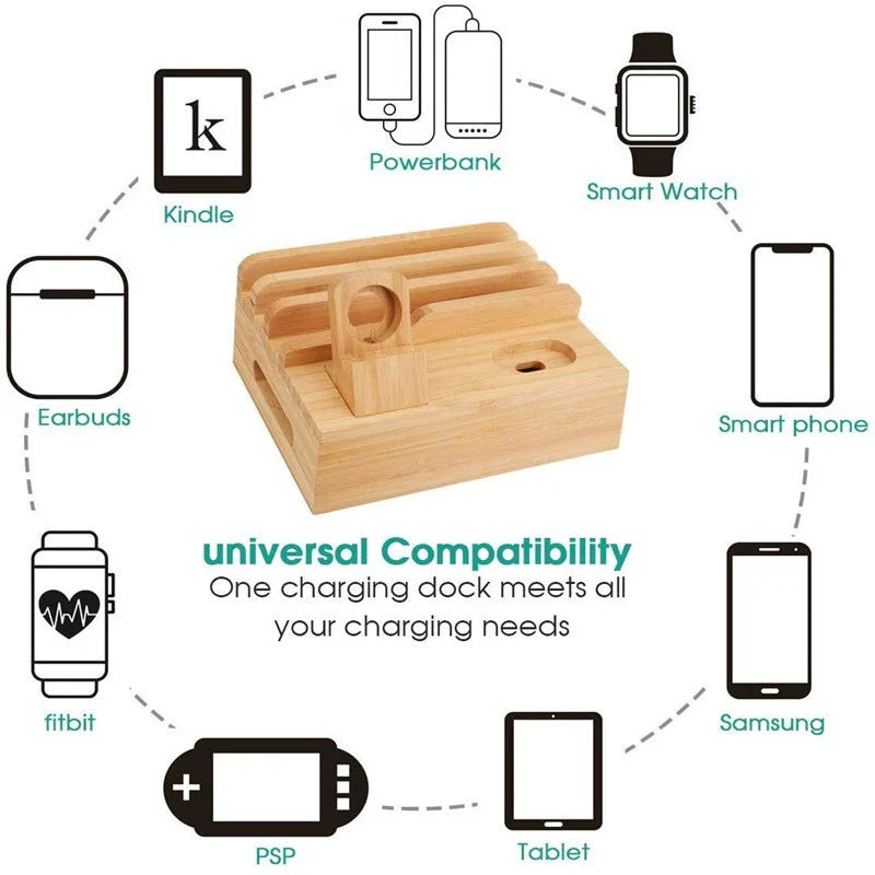Tekavo Bamboo Charging Station – 5-Port USB Organizer with Cable Set