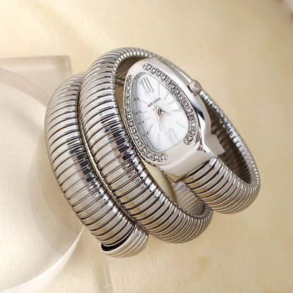 Elegant Snake-Style Quartz Watch with Stainless Steel Bracelet – Unique Oval Dial in Multiple Colours
